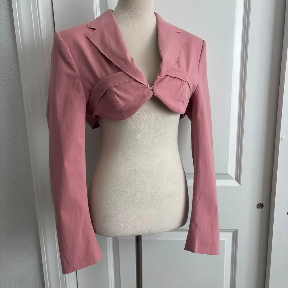 ZARA Pink Cropped Blazer Jacket Wrap Tie Waist Blogger Favorite Size Large L